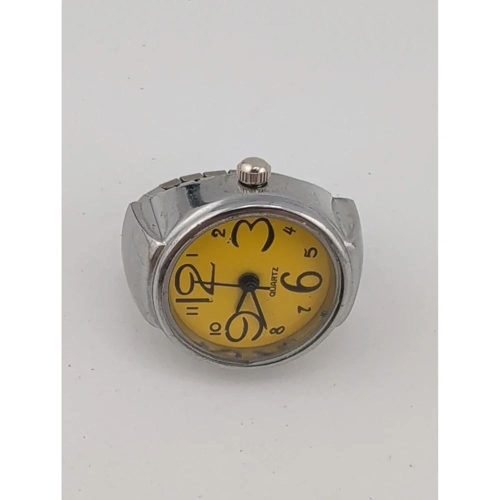 Stainless Steel Quartz Watch Ring Yellow Dial Silver Stretch Band- New Battery
